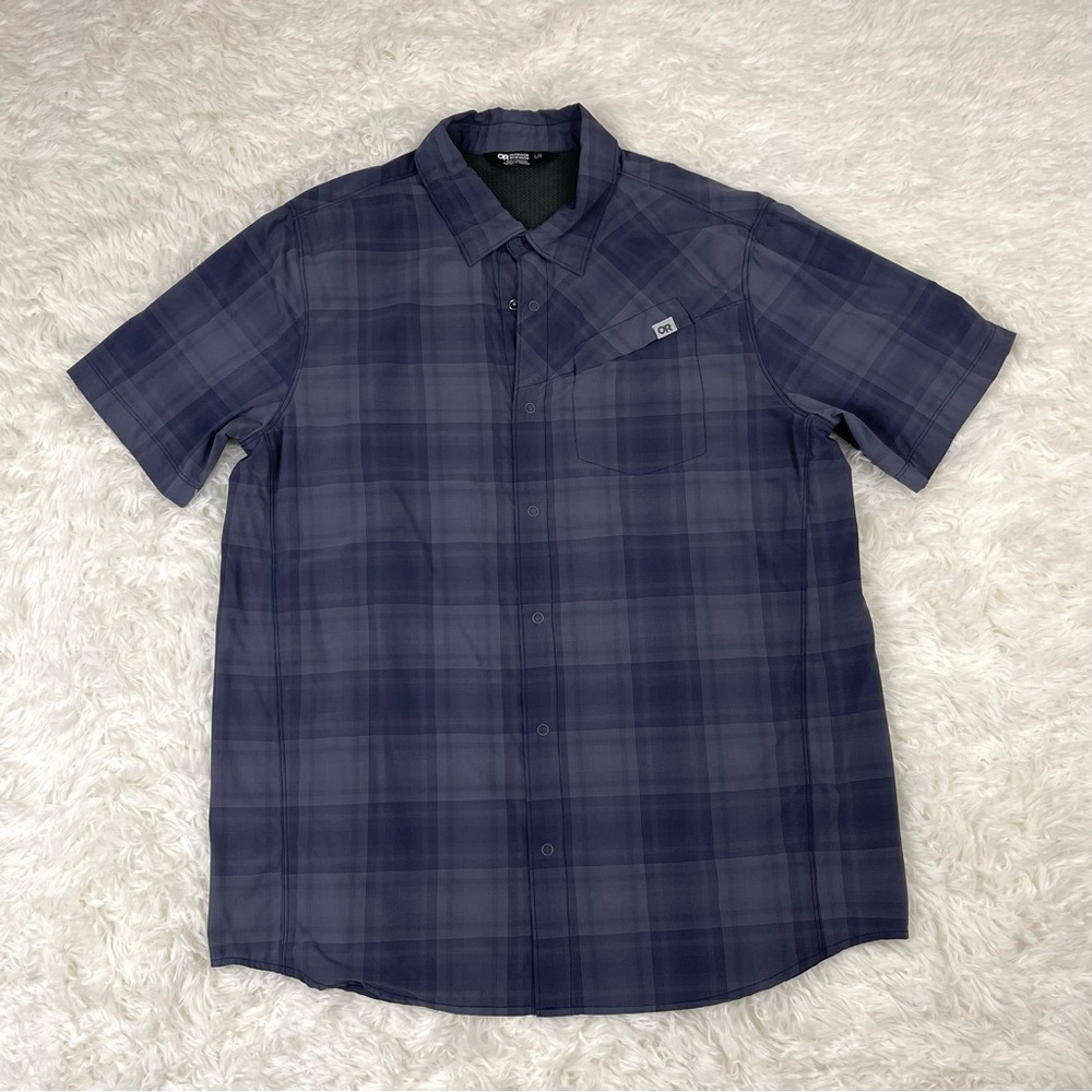 Outdoor Research Blue Grey Plaid Short Sleeve Nylon Button Down Shirt - Picture 4 of 11